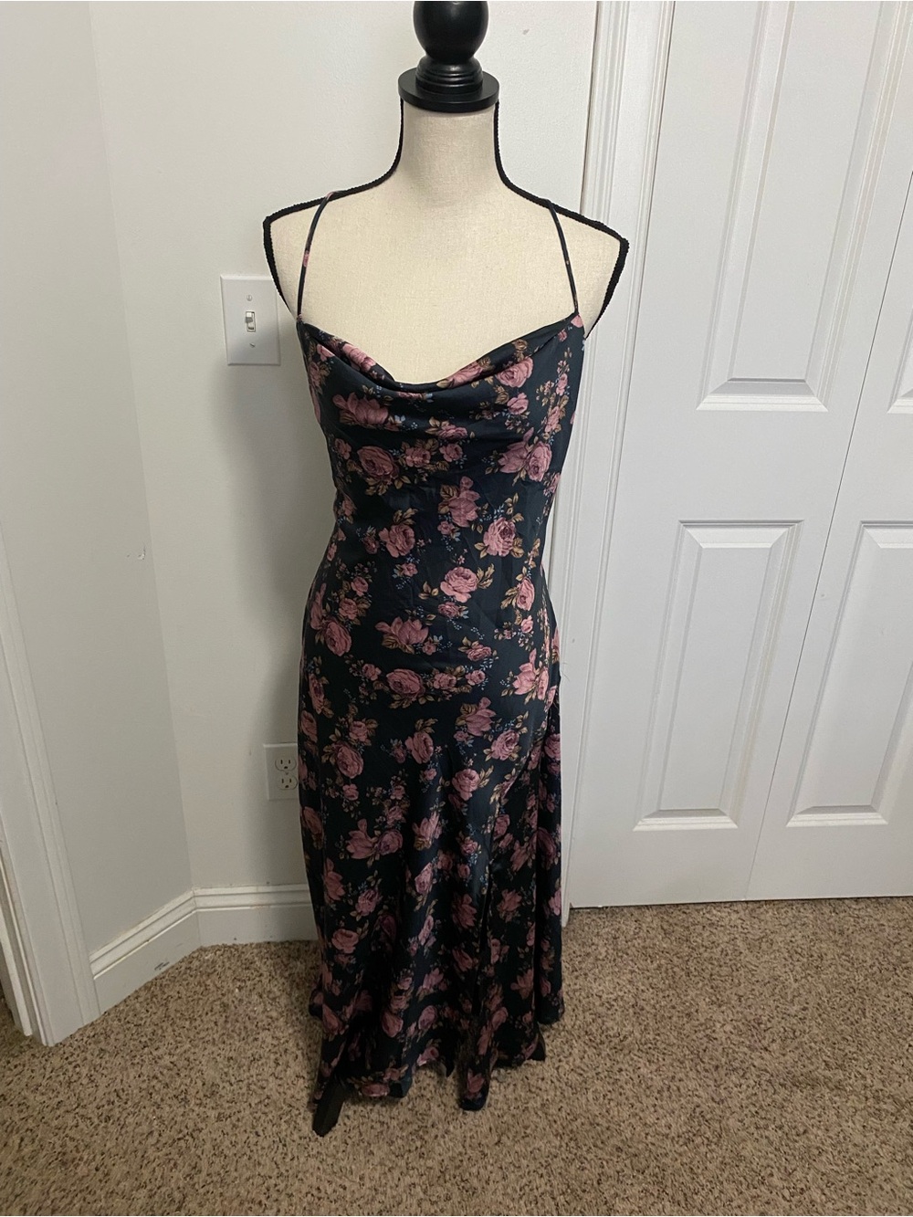 Astr Black Floral Slip Dress with Pink Roses